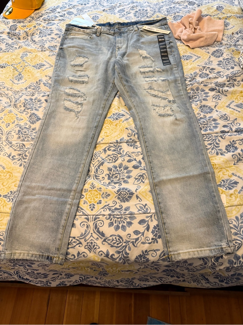 Reason Mens Light Blue Distressed Men’s Jeans - Casual Slim Fit